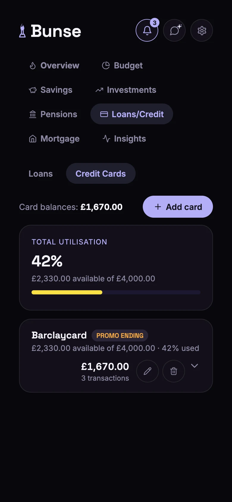 The Credit Cards view: 42% total utilisation, and a Barclaycard with a balance of £1,670 marked PROMO ENDING