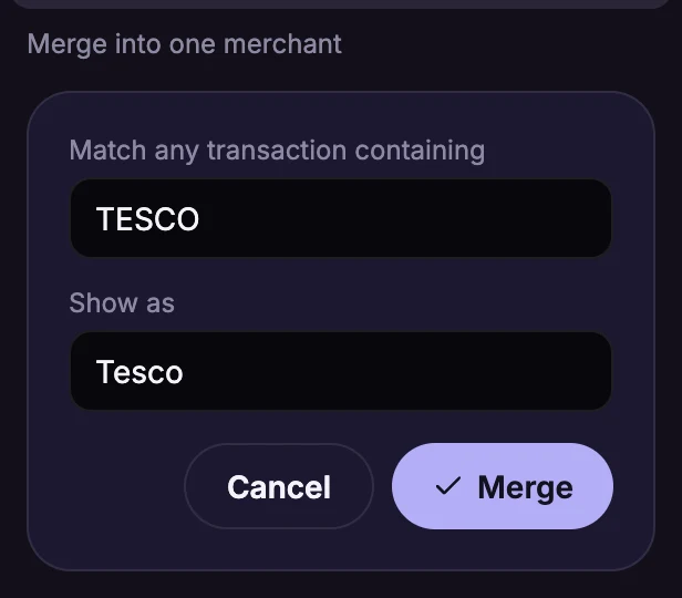 The merge form: match any transaction containing TESCO, show as Tesco