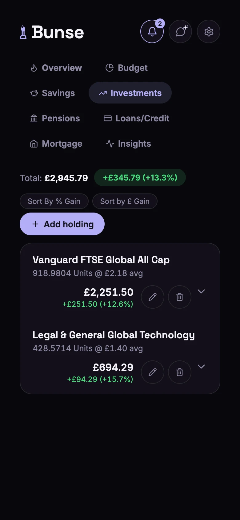 The Investments tab: two fund holdings worth £2,945.79 in total, up £345.79 (13.3%)