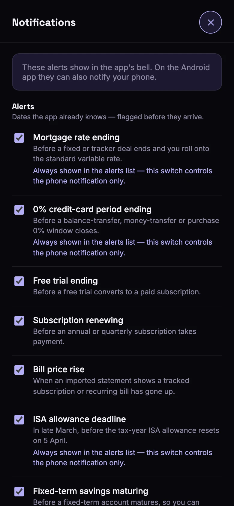The Notifications screen, listing alerts such as mortgage rate ending and 0% credit card period ending, each with a tick box