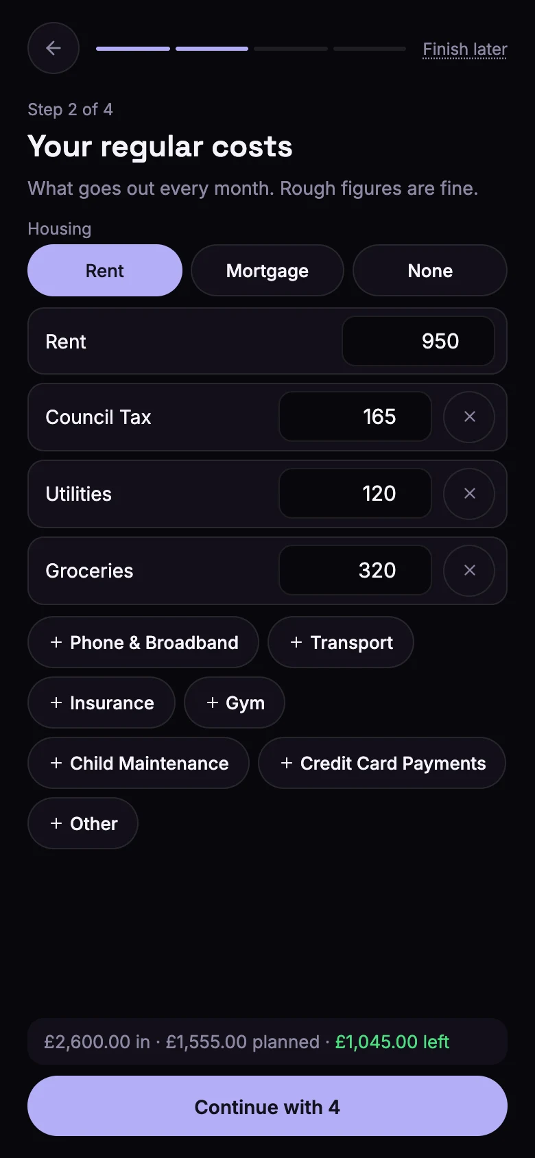 The Your regular costs step, with rent of £950, Council Tax £165, utilities £120 and groceries £320
