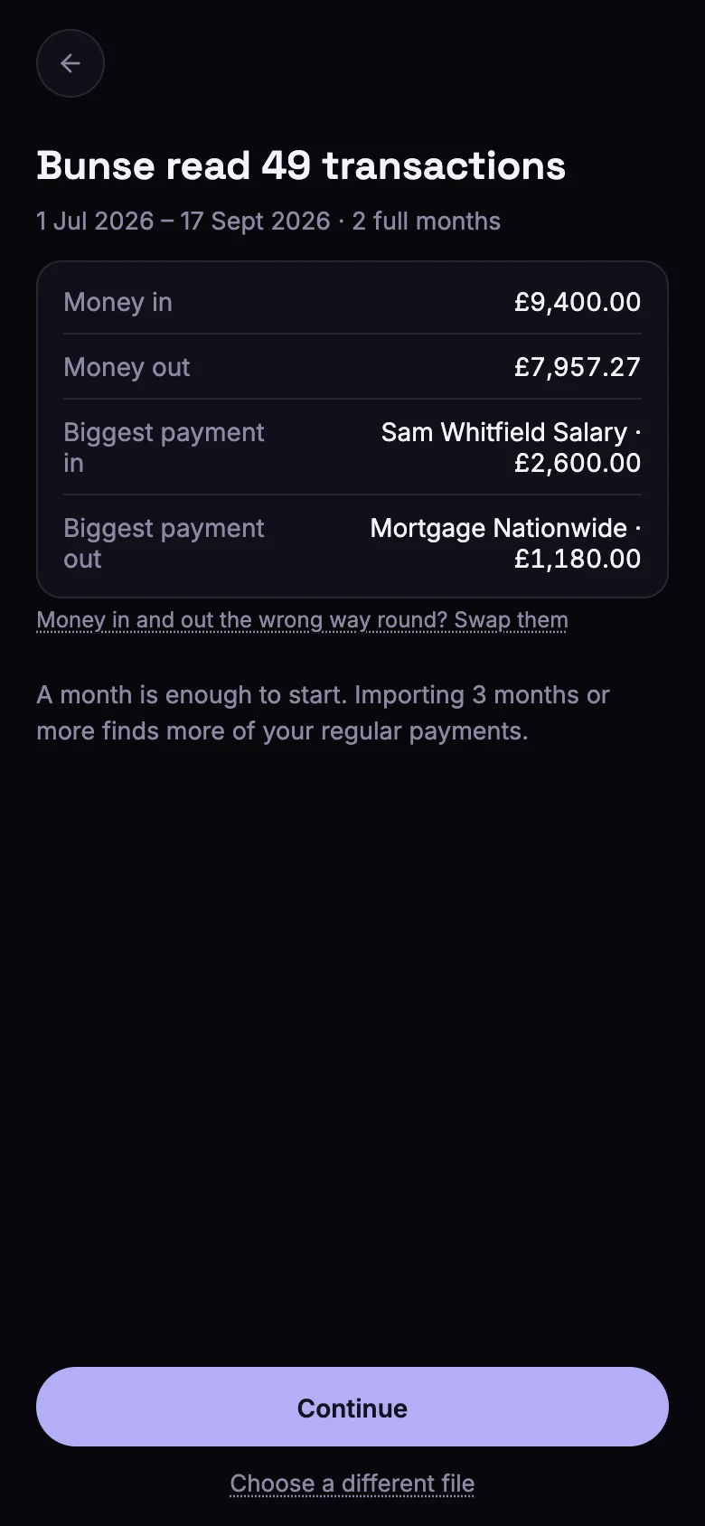 The screen after importing, showing 49 transactions read from 1 July to 17 September, with money in and out and the biggest payment each way