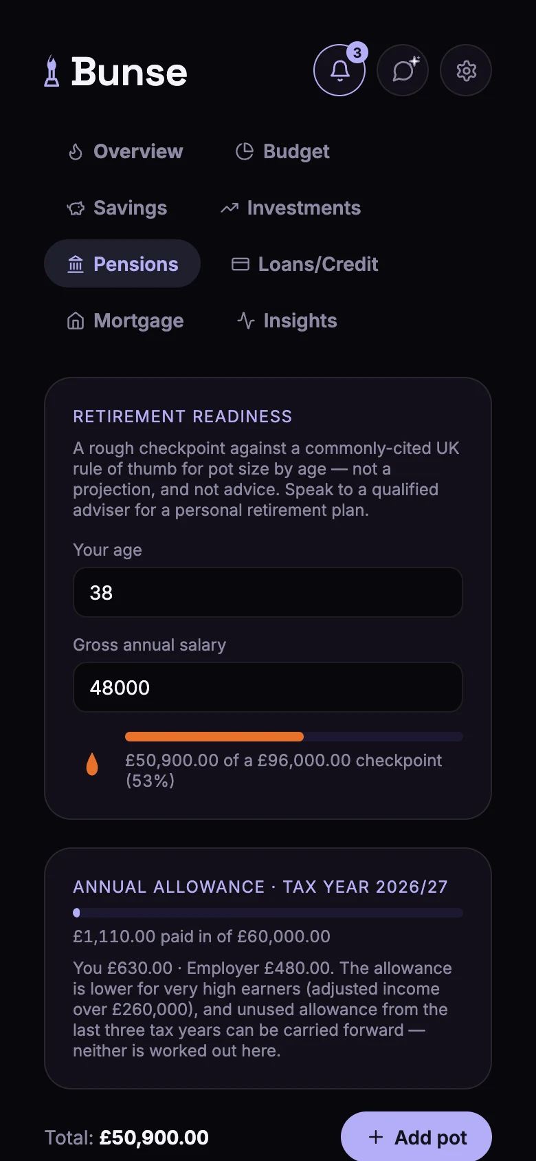 The Pensions tab: a retirement readiness checkpoint at 53%, and the annual allowance for 2026/27