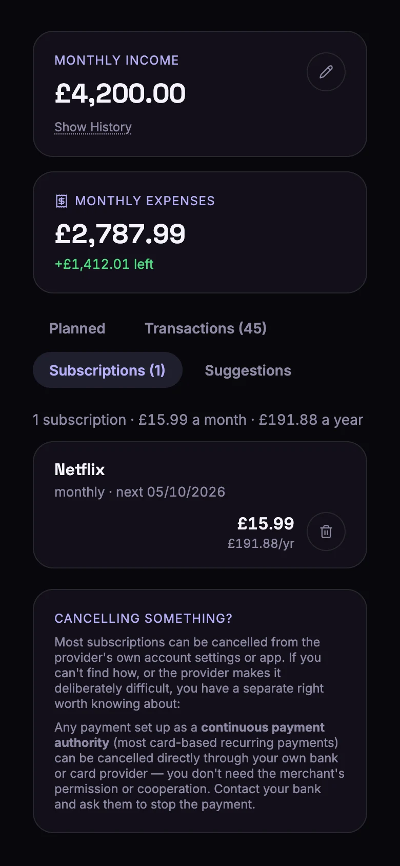 The Subscriptions tab showing Netflix, £15.99 a month, next renewal 5 October, £191.88 a year