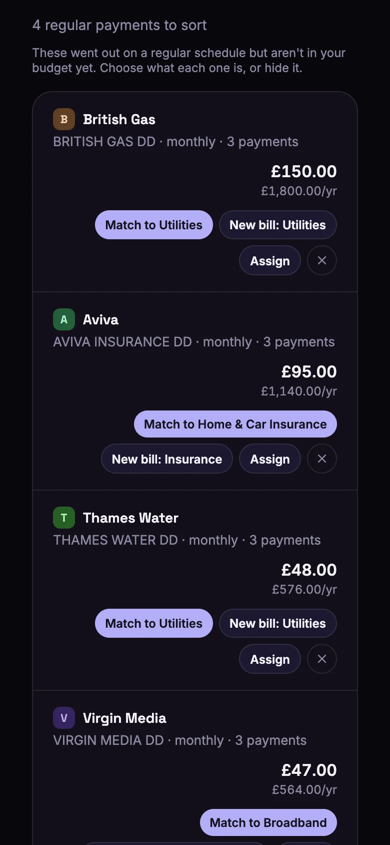 The Suggestions tab showing four regular payments to sort, including British Gas and Aviva, each with Match, New bill and Assign buttons