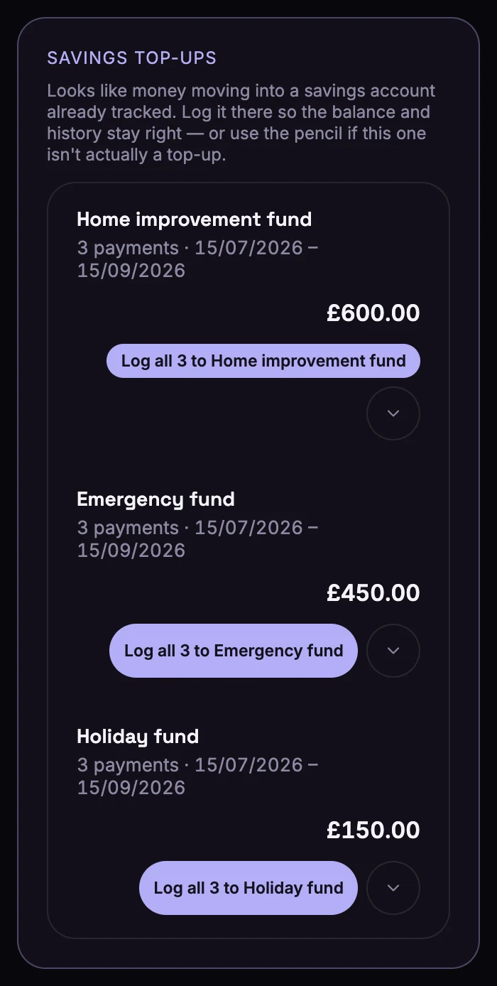 The Savings top-ups card, with three payments each to a home improvement fund, an emergency fund and a holiday fund